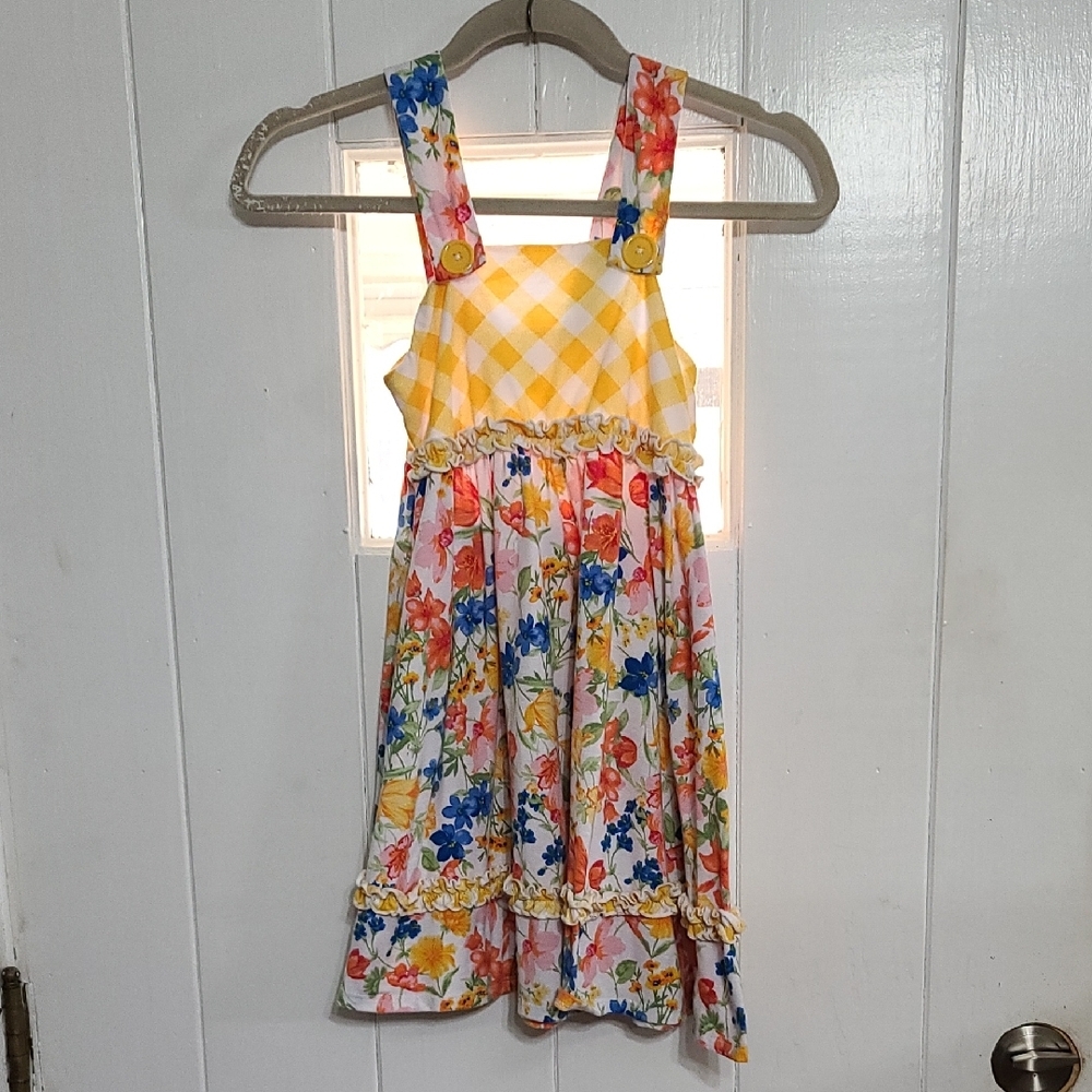 Jona Michelle Girls Sundress Gold Checkered W/Bright Colorful Floral Sz 7 EUC